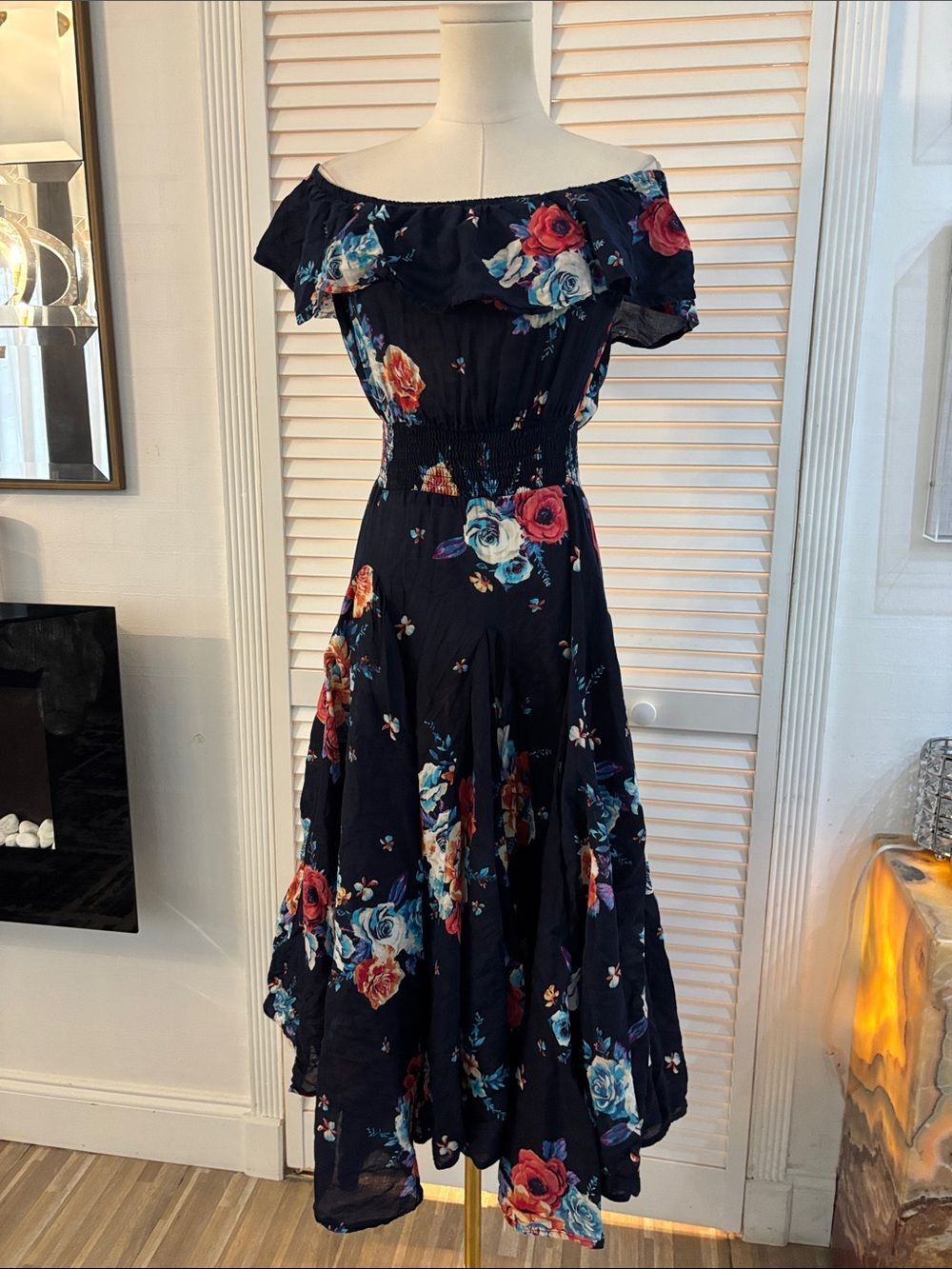 Chelsea & Theodore Navy Floral Off-Shoulder Midi Dress, S